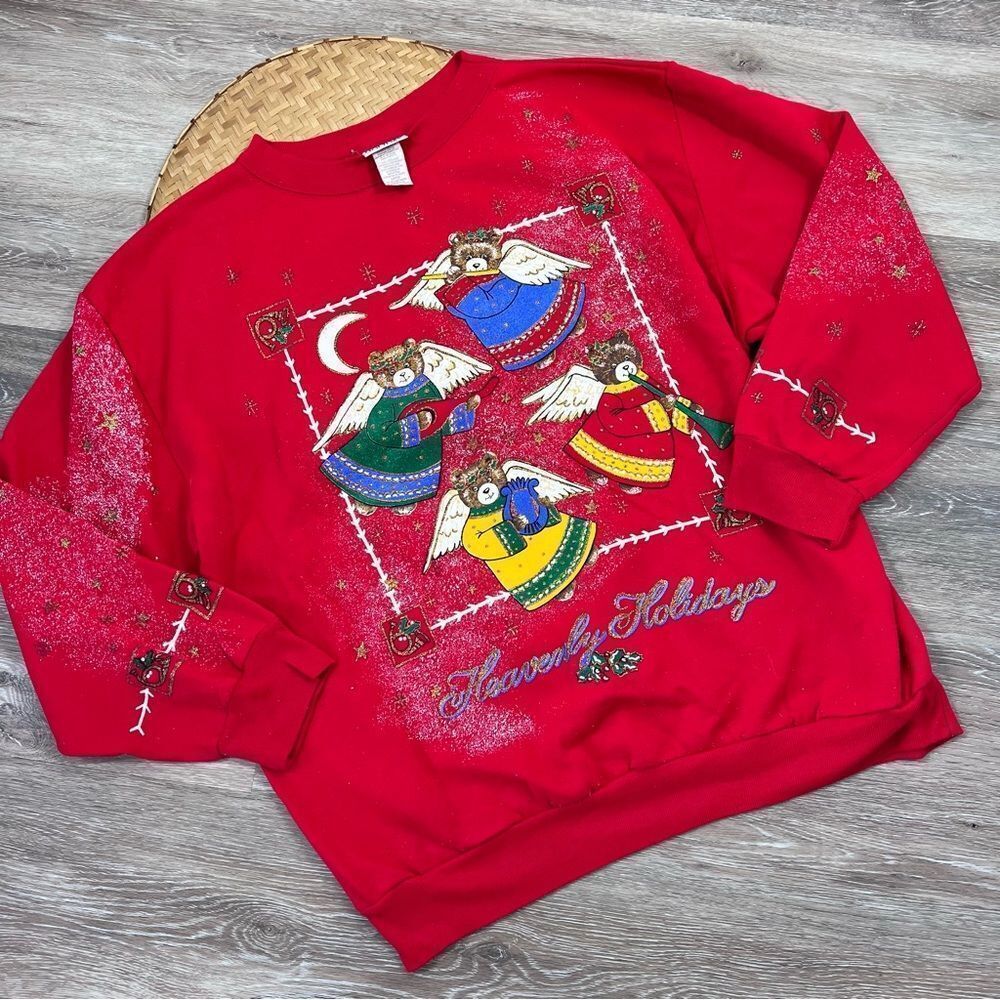 Vintage ugly Christmas sweater sweatshirt angel bears heavenly holidays